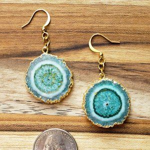 Emerald Green & White Solar Quartz Electroform Earrings w/ Gold Plate Ear Wires